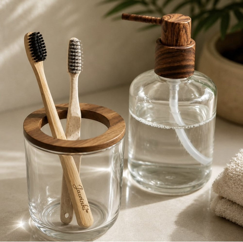 Glass Bathroom Accessory Set with Wood-like trims | Full House Lebanon