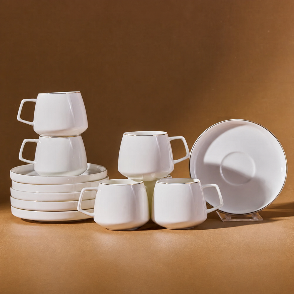 Elegant Stackable White Tea Cup & Saucer Set with Gold Rim | Full House Lebanon