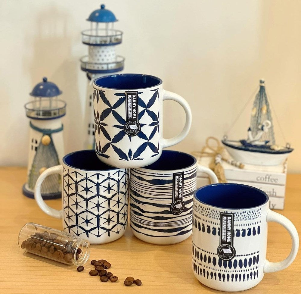 White & Blue Porcelain Mugs - 4 | Full House Lebanon