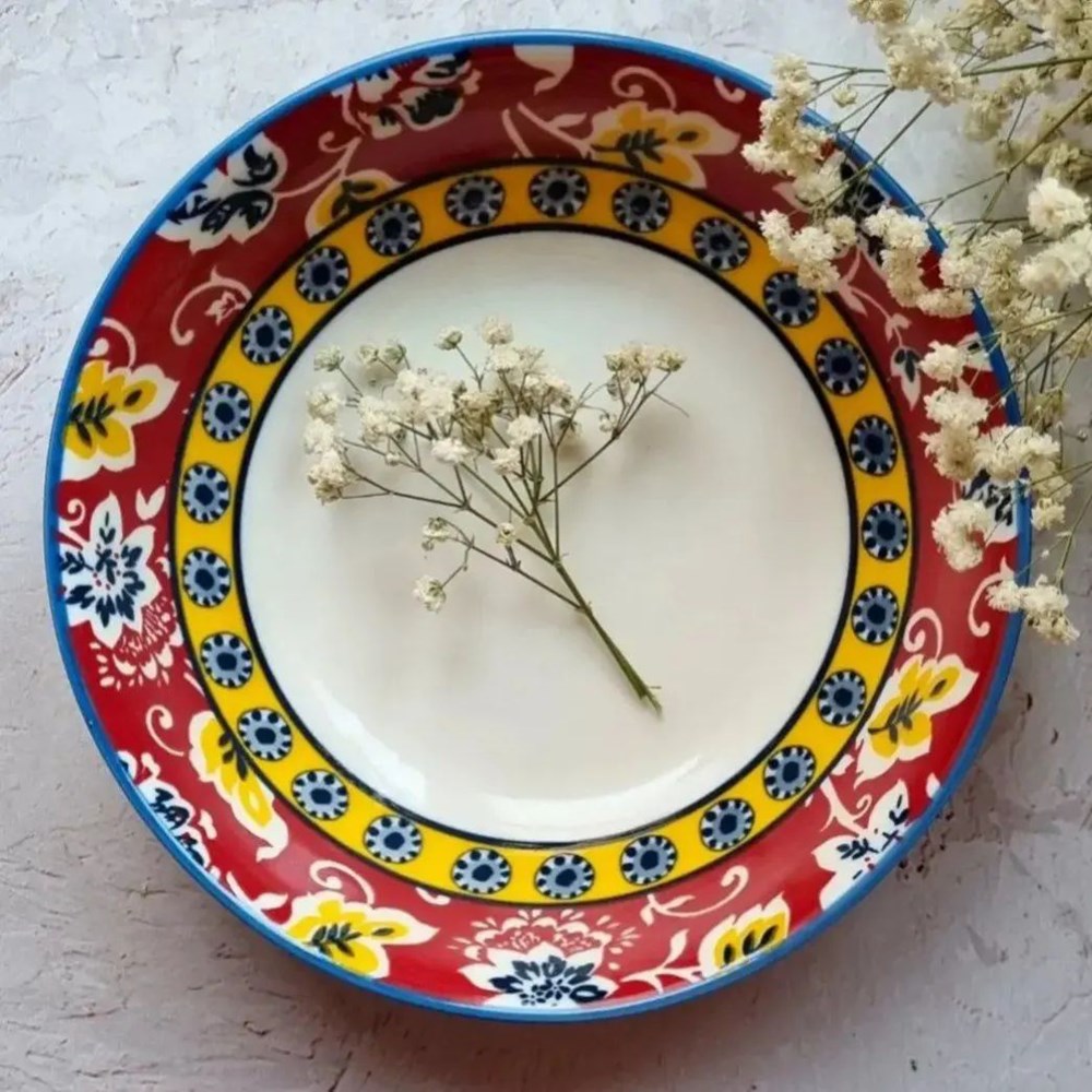 Red Patterned Dessert Plate & Bowl | Full House Lebanon