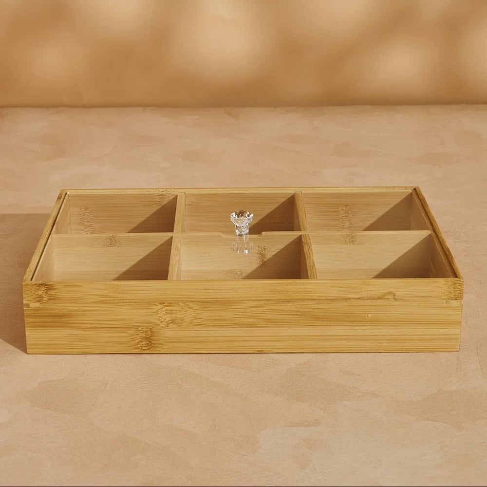 6-Compartment Bamboo  Rectangular  Snack Serving Tray with Lid | Full House Lebanon