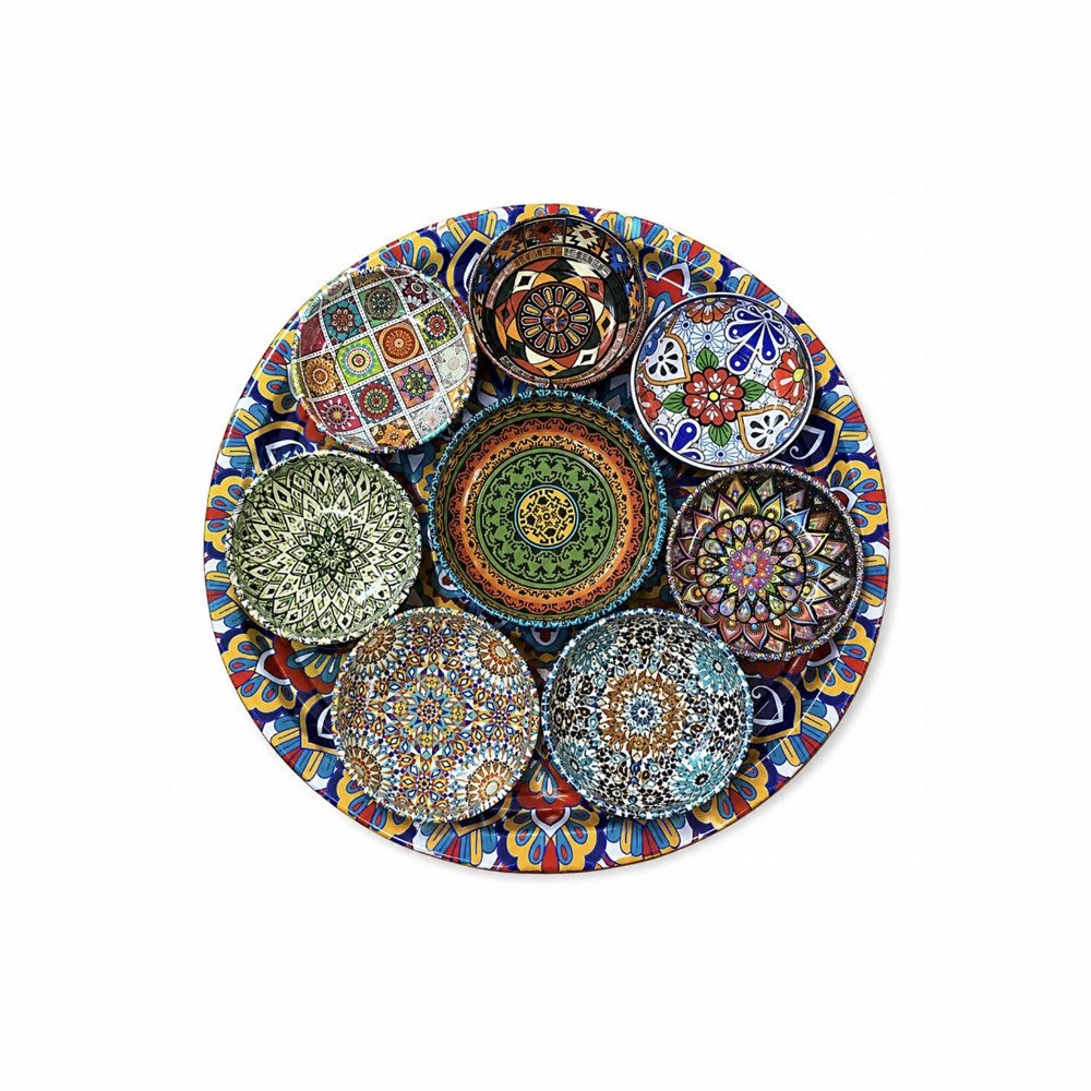 Round Metal Printed Tray with  Serving Bowl Set (8 Pcs)