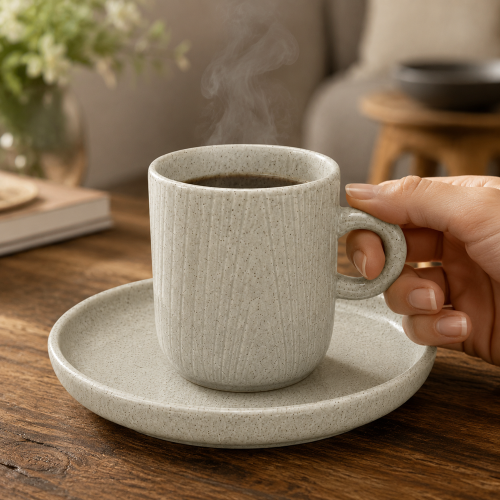 Modern Speckled Porcelain Espresso Cup & Saucer Set | Full House Lebanon