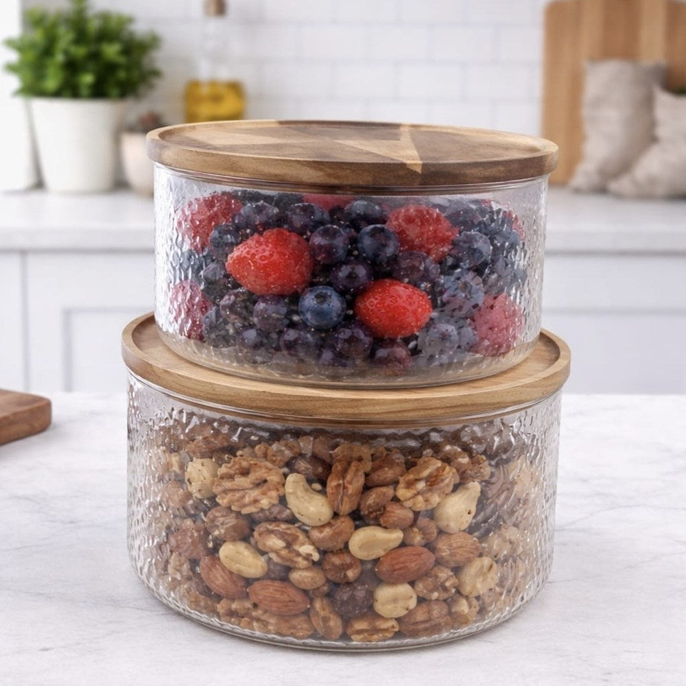 Textured Glass Storage Container with Wooden Lid | Full House Lebanon