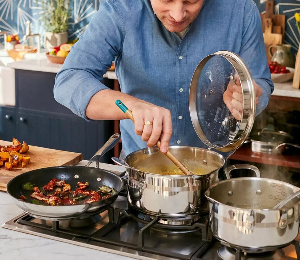 Jamie Oliver by Tefal Stainless Steel Cookware Set with Glass Lids | Full House Lebanon