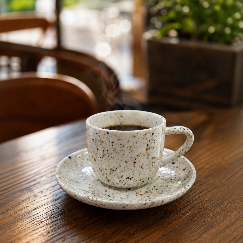 Rustic Multicolor Speckled Ceramic Coffee Cup & Saucer Set | Full House Lebanon