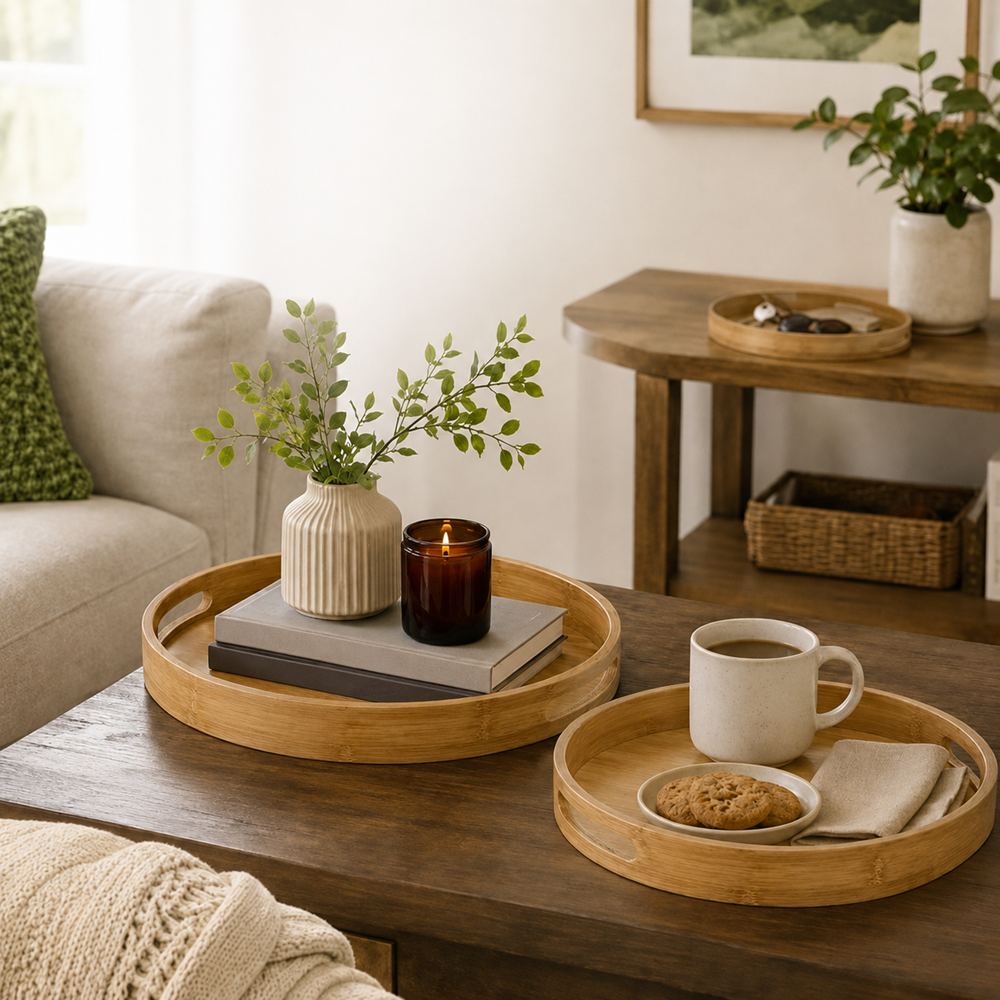 Round Bamboo Serving Tray with Handles | Full House Lebanon
