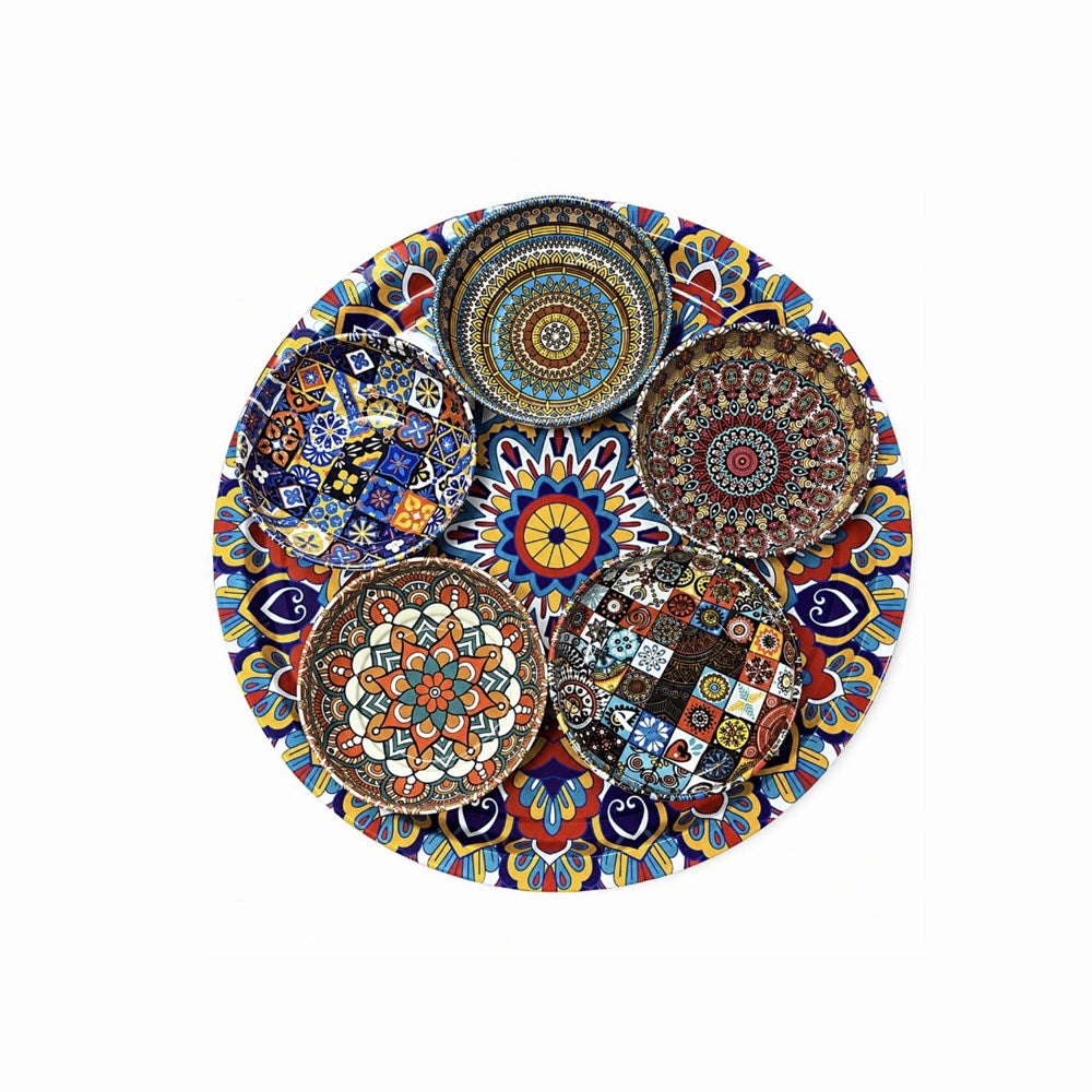 Round Metal  Printed Tray with 5 Bowls Set