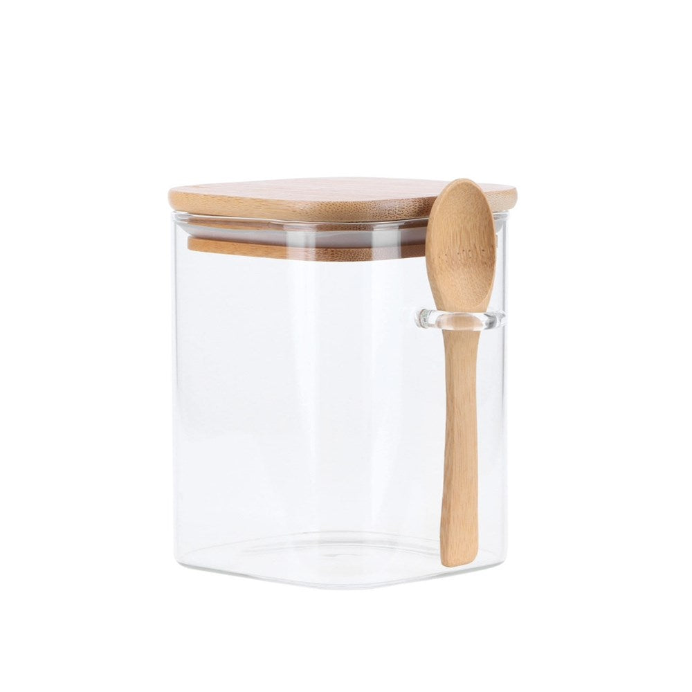 Square Glass Jar With Bamboo Lid & Spoon