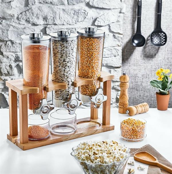 Cereal Dispenser with Wood Stand - Triple | Full House Lebanon