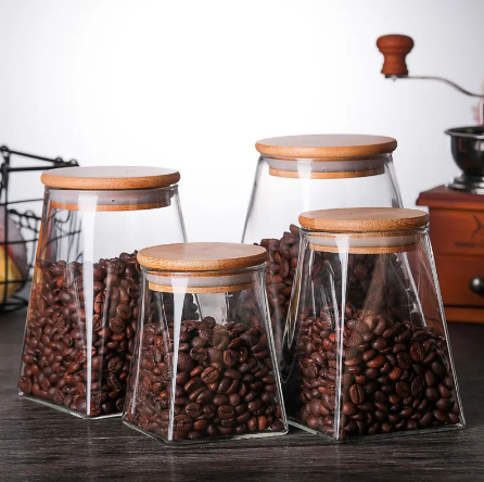 Square Based and Round Top Bamboo Lid Glass Jars - Large | Full House Lebanon