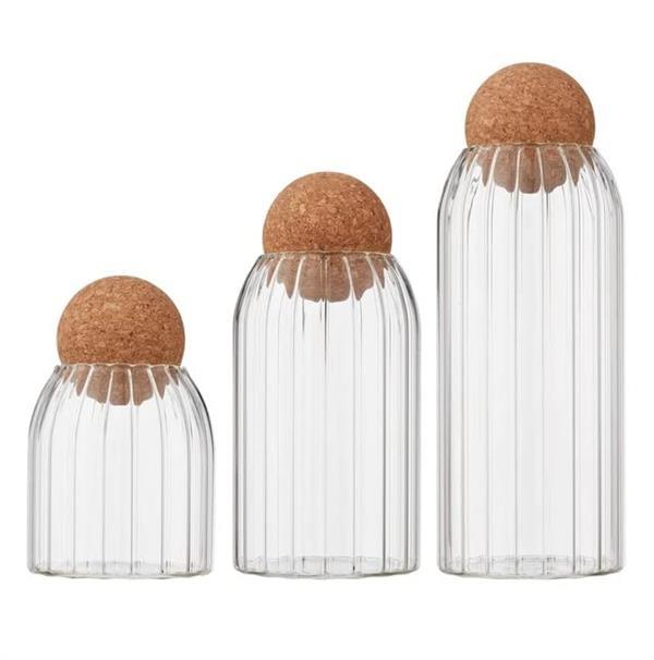 Ribbed Glass Jar Set with Cork Lid (3 Pcs) | Full House Lebanon