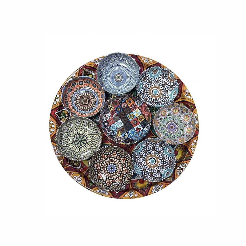 Round Metal Printed Tray with  Serving Bowl Set (8 Pcs)