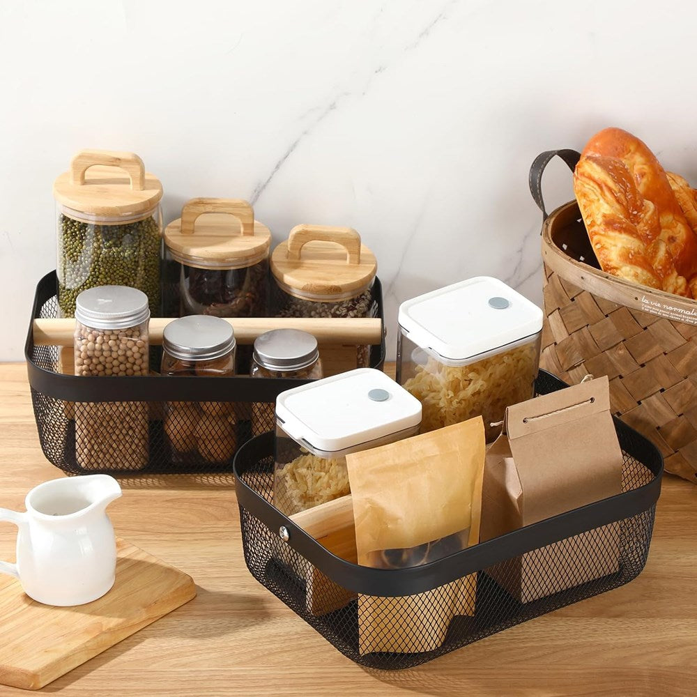 Metal Wire Mesh Basket with Wooden Handle - Grey | Full House Lebanon