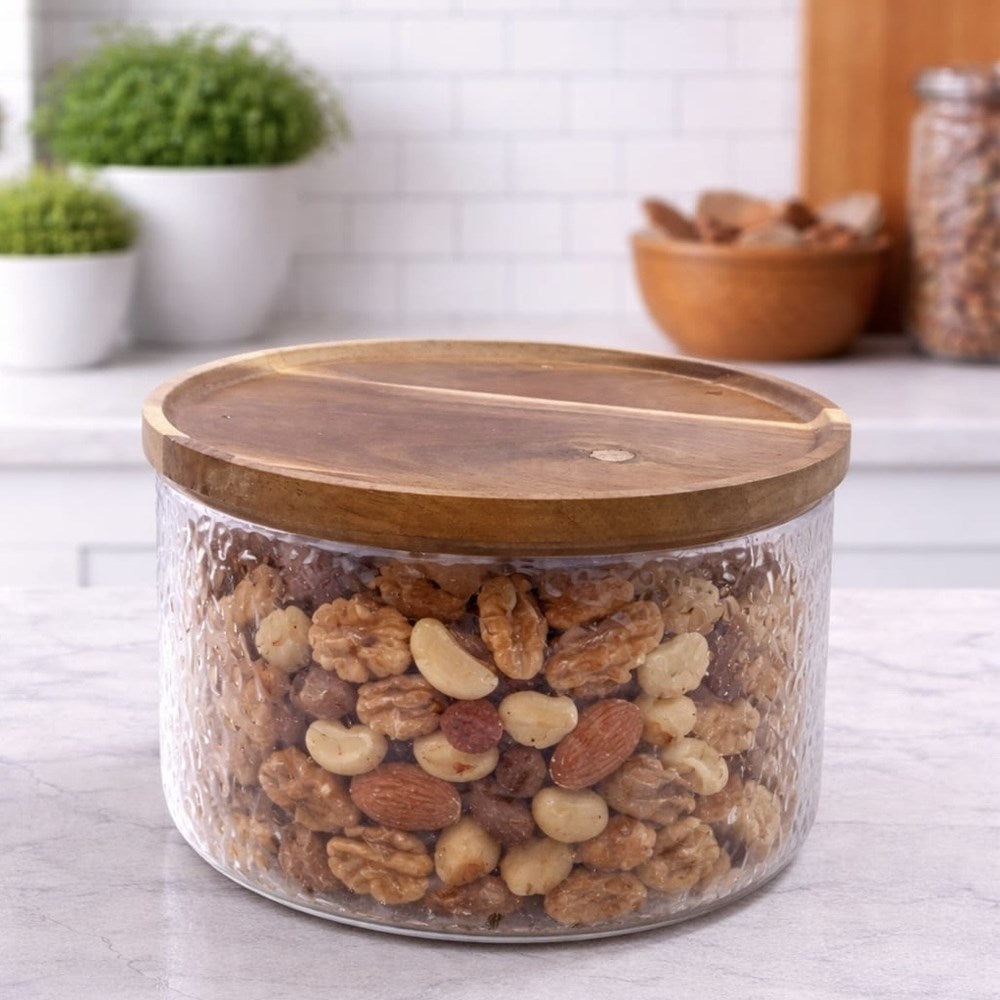 Textured Glass Storage Container with Wooden Lid