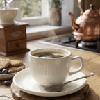 Tea / Coffee  White Ribbed Porcelain  Cup with Saucers (Half a dozen )