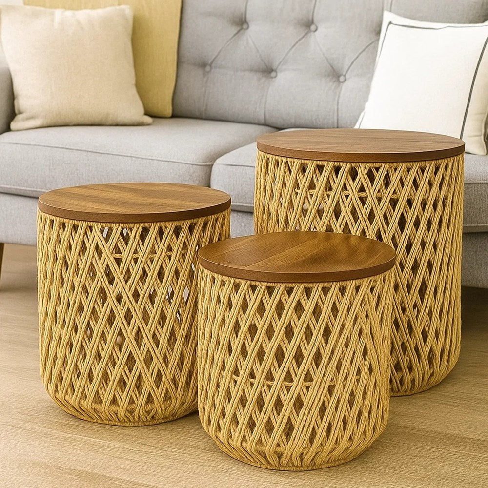 Round Woven Rope Side Tables Set (3 Pcs) | Full House Lebanon