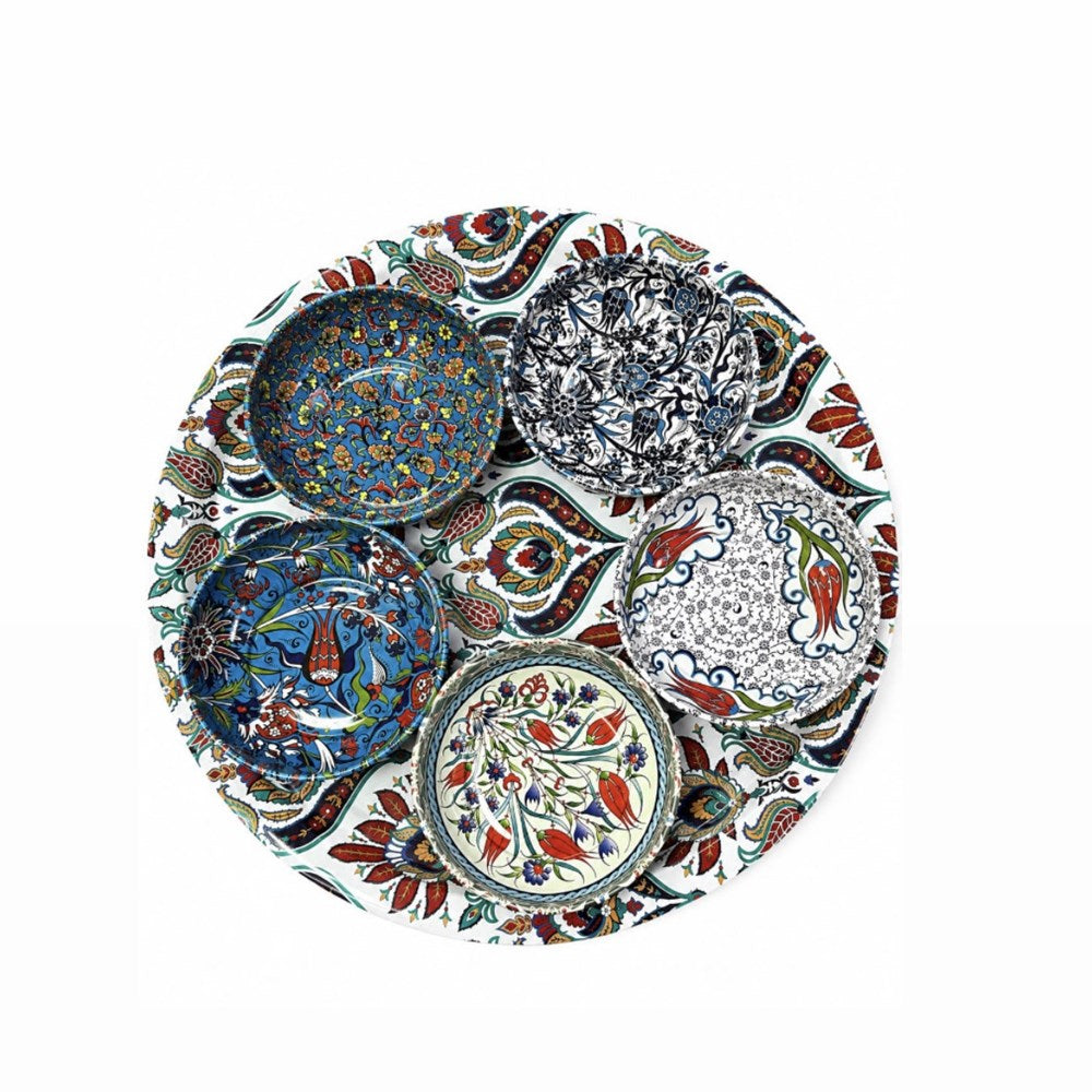 Round Metal  Printed Tray with 5 Bowls Set