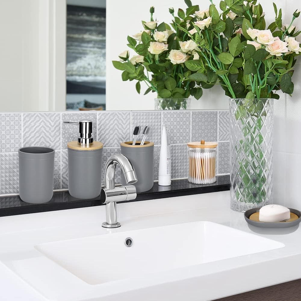 Grey Bathroom Accessories with Bamboo Lid - Get 3 pcs | Full House Lebanon