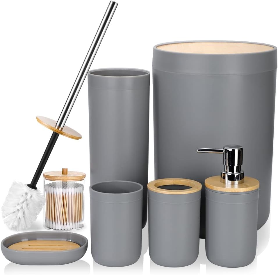 Grey Bathroom Accessories with Bamboo Lid - Get Trash Bin + Toilet Brush | Full House Lebanon