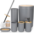 Grey Bathroom Accessories with Bamboo Lid - Get Trash Bin + Toilet Brush | Full House Lebanon