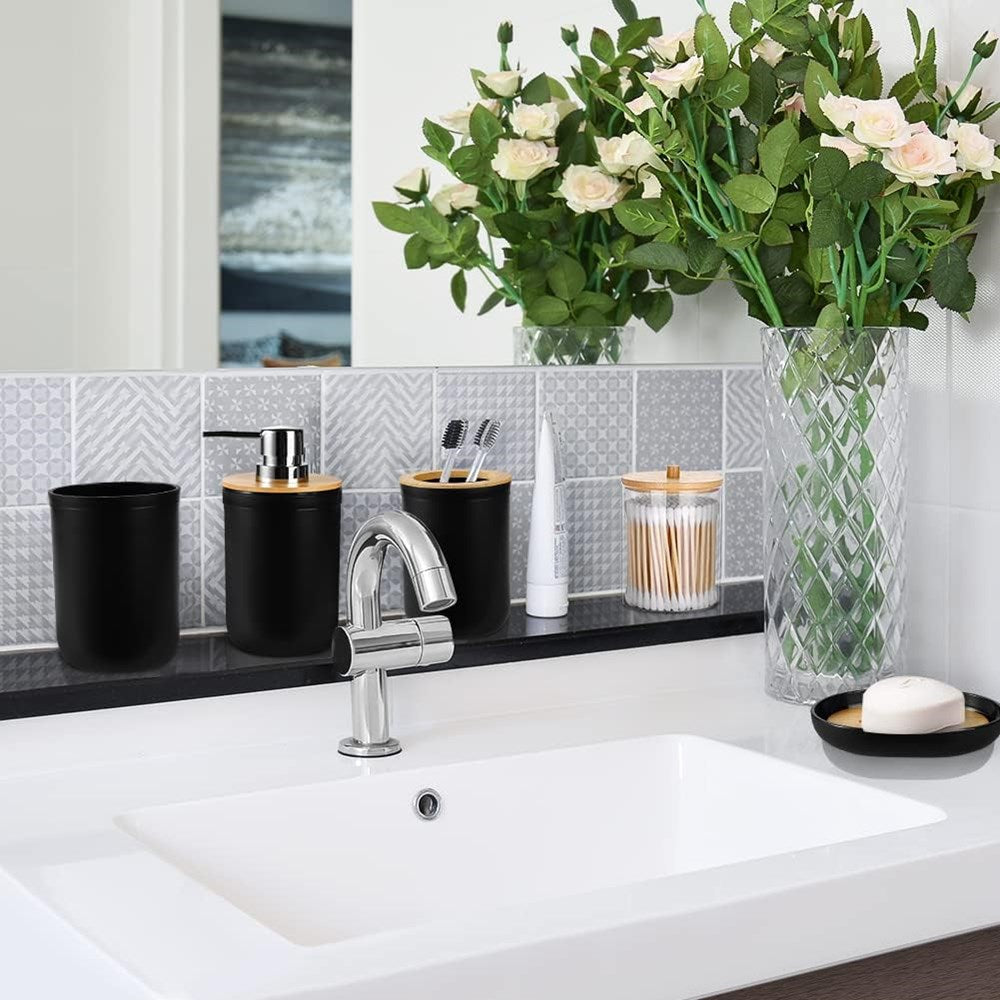 Black Bathroom Accessories with Bamboo Lid - Get 3 pcs | Full House Lebanon