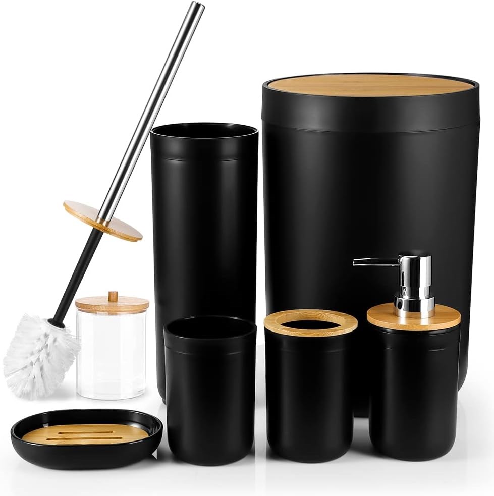 Black Bathroom Accessories with Bamboo Lid - Get Trash Bin + Toilet Brush | Full House Lebanon