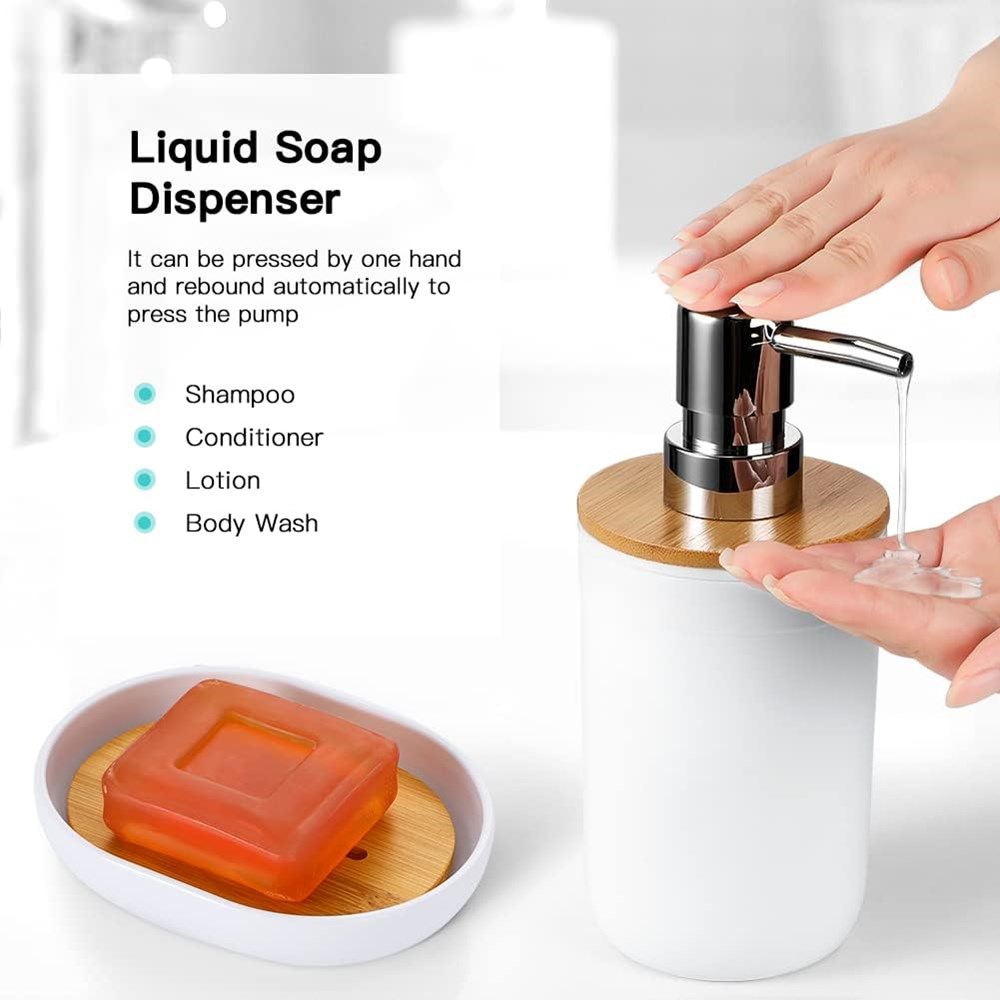 White Bathroom Accessories with Bamboo Lid - Soap Dispenser | Full House Lebanon