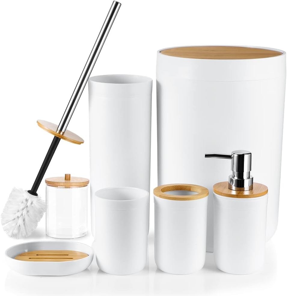 White Bathroom Accessories with Bamboo Lid - Get Trash Bin + Toilet Brush | Full House Lebanon