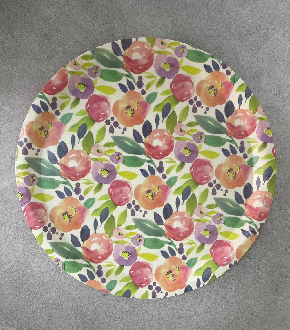 Floral Bamboo Fiber Tray - Round with Handles | Full House Lebanon