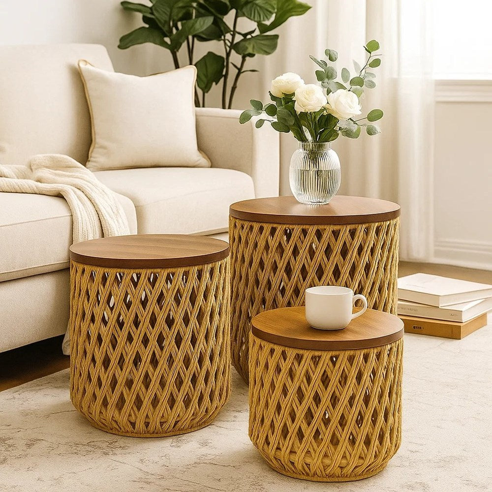 Round Woven Rope Side Tables Set (3 Pcs) - 2 | Full House Lebanon