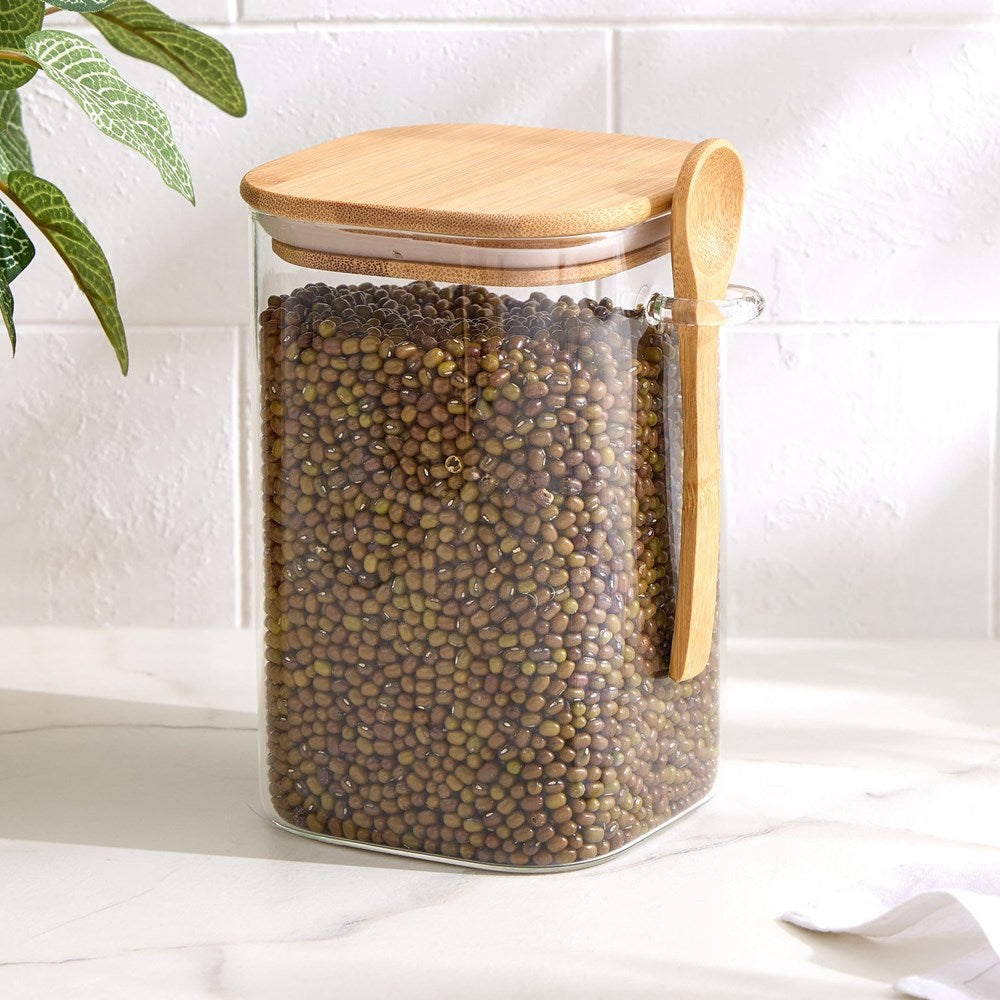 Square Glass Jar With Bamboo Lid & Spoon