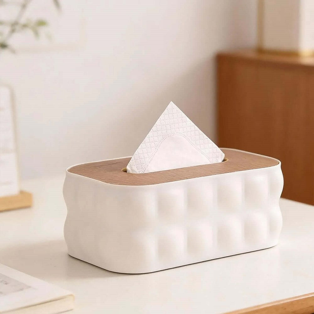 Embossed Plastic Tissue Box  with Wooden Lid