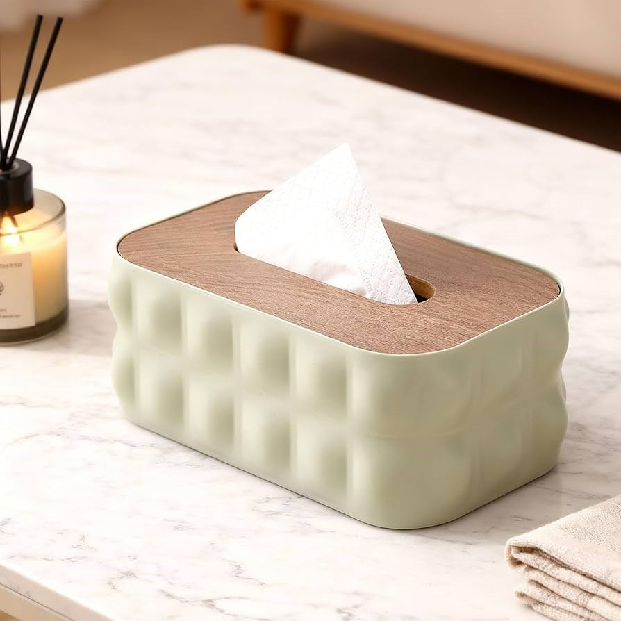 Embossed Plastic Tissue Box  with Wooden Lid