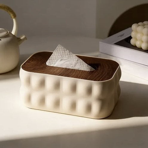 Embossed Plastic Tissue Box  with Wooden Lid