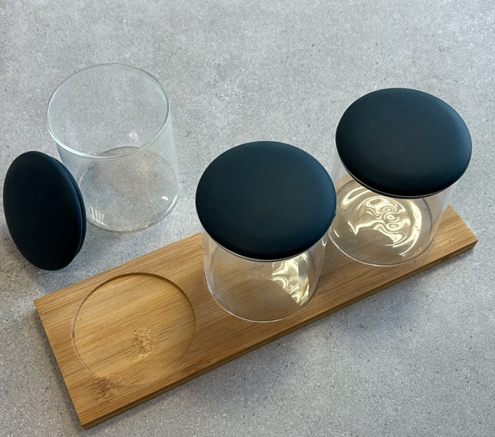 Glass Jar with Bamboo Tray Set (3 Pcs) | Full House Lebanon