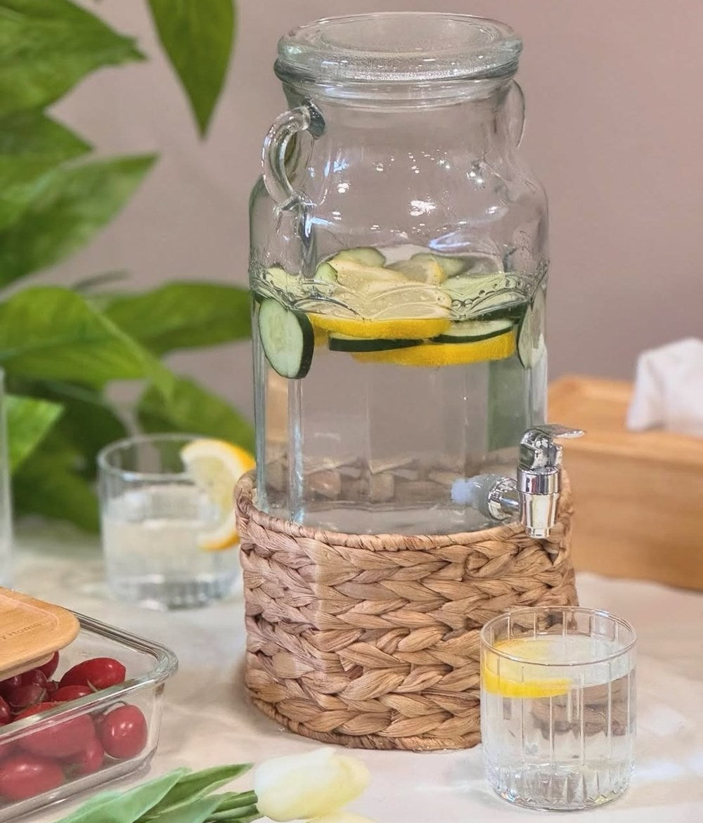 Glass Dispenser with Wooven Stand | Full House Lebanon