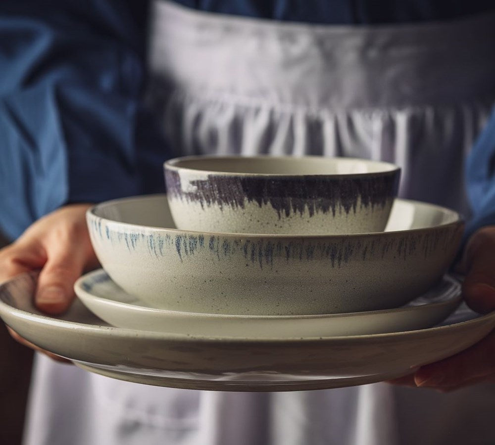 White Dotted Porcelain Dinnerware with Navy Blue Trim - Deep Plate | Full House Lebanon