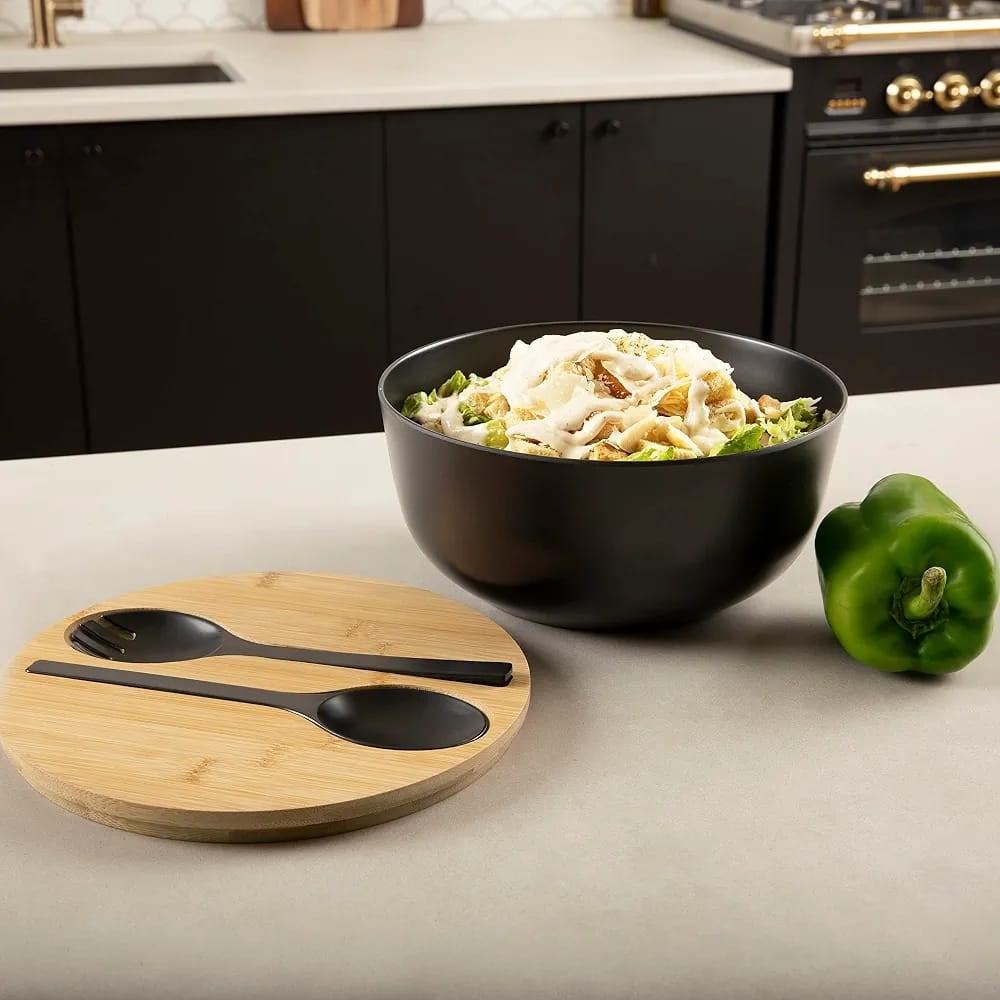 Salad Bowl Set with Bamboo Lid & Serving Utensils - Black | Full House Lebanon