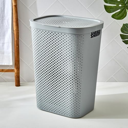 Light Grey Plastic Laundry Basket with Lid