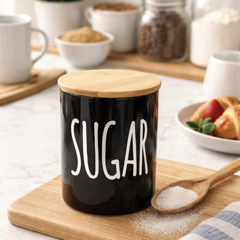 Black  Porcelain Canister with Bamboo Lid