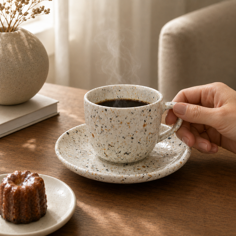 Rustic Multicolor Speckled Ceramic Coffee Cup & Saucer Set | Full House Lebanon