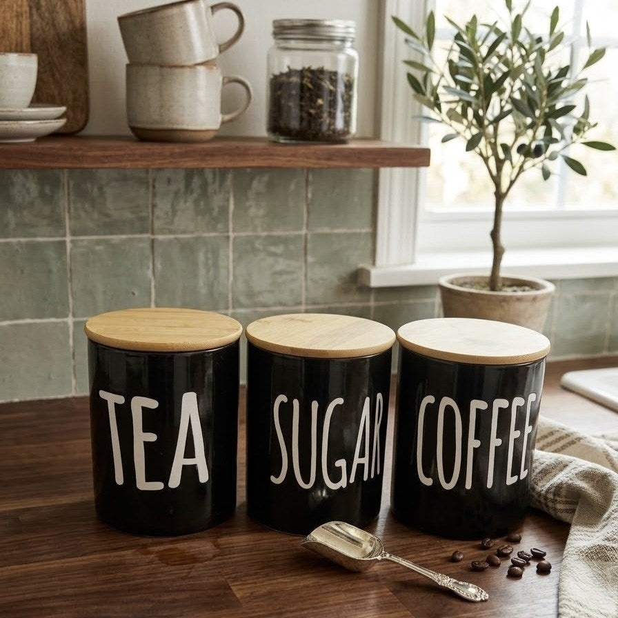 Black  Porcelain Canister with Bamboo Lid | Full House Lebanon
