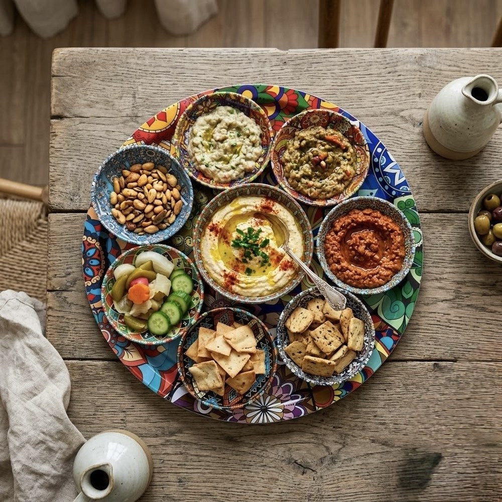 Round Metal Printed Tray with  Serving Bowl Set (8 Pcs) | Full House Lebanon