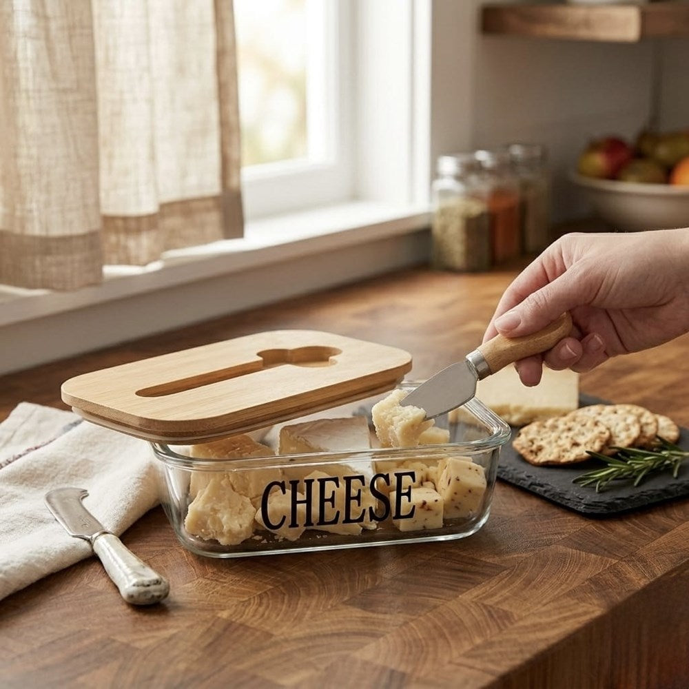 Glass Cheese  Dish with a Bamboo Lid  & Knife | Full House Lebanon