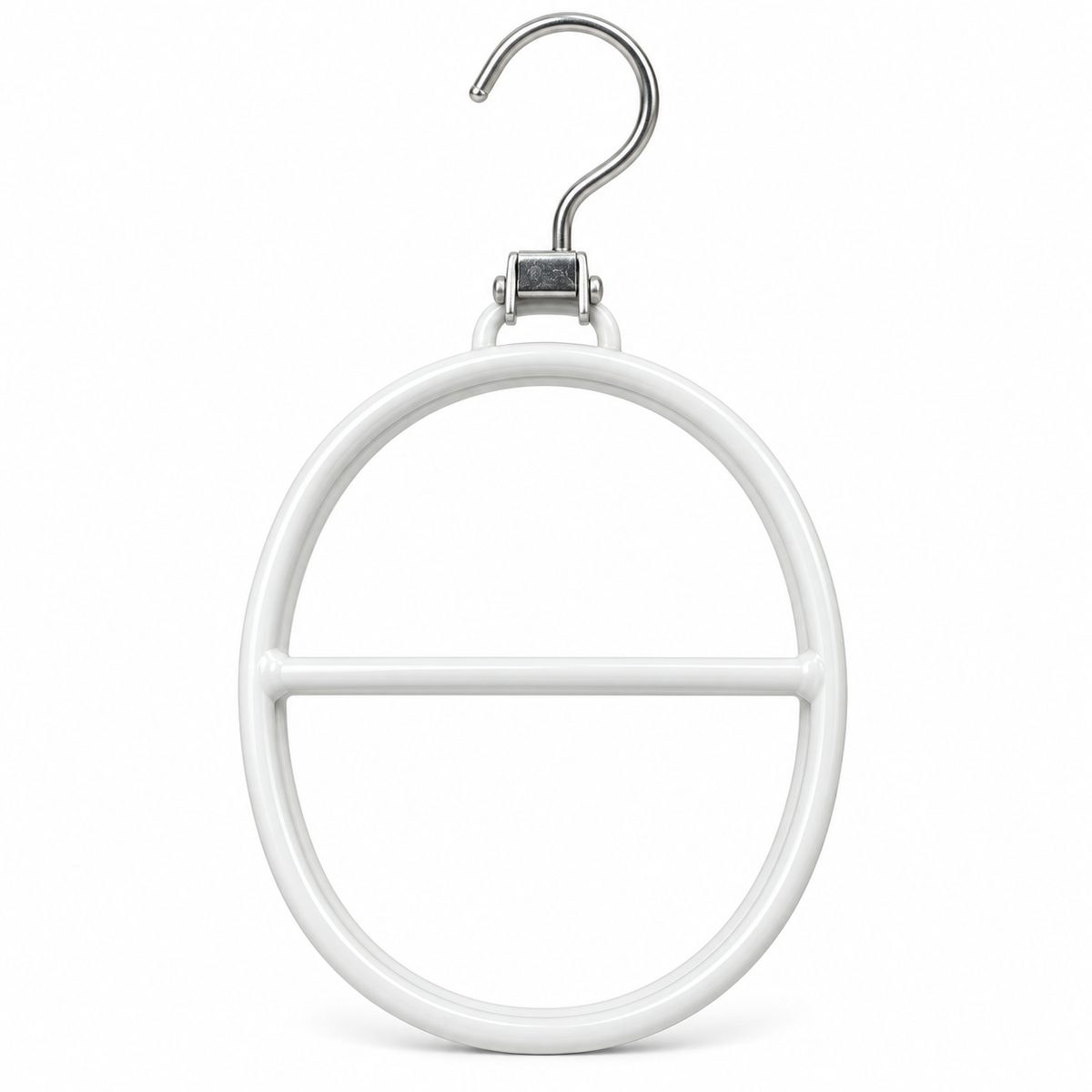White oval scarf and belt hanger with horizontal bar and metal hook
